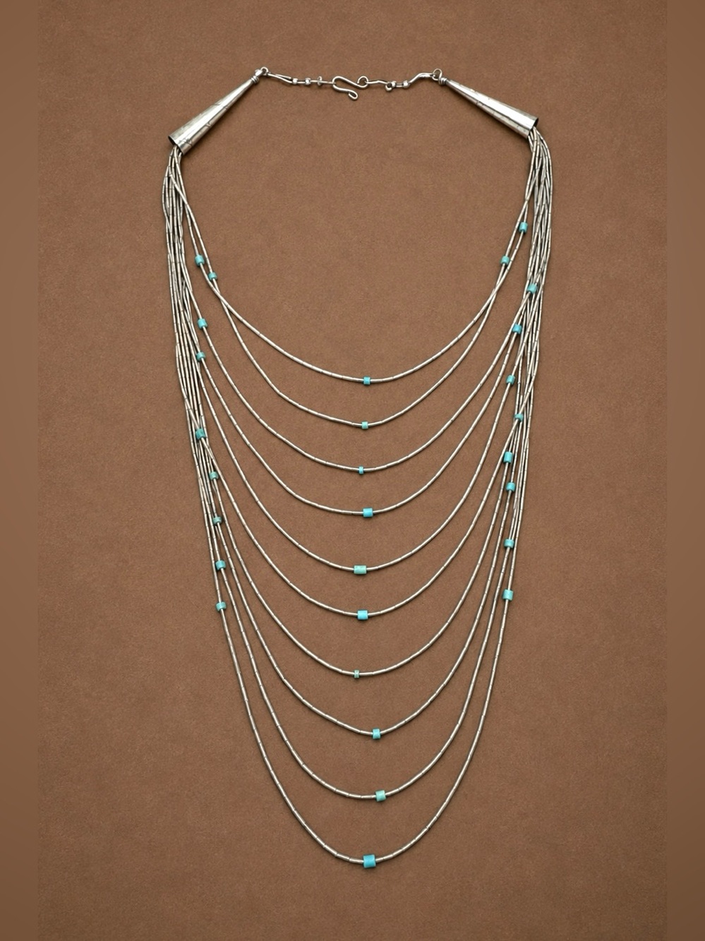 Native American Sterling Liquid Silver Turquoise Heishi Multi Strand Necklace